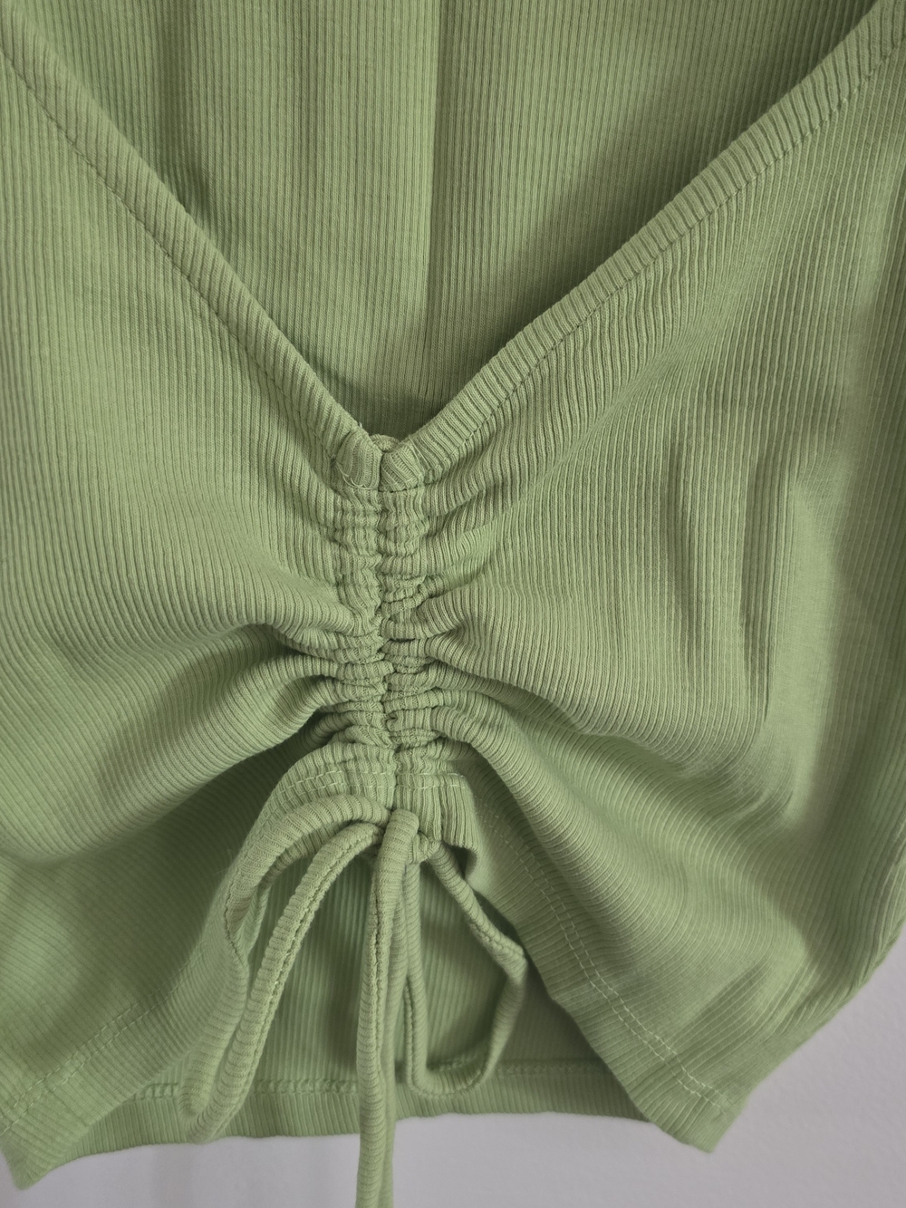 ZARA Lime Green Ribbed Ruffle Sleeve Crop Top Small S Ruched Drawstring V-Neck - Picture 5 of 8